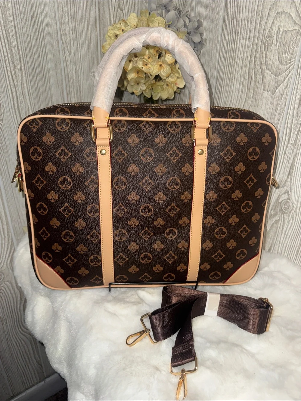 Dark Brown Monogram Laptop Briefcase with Tan Trim